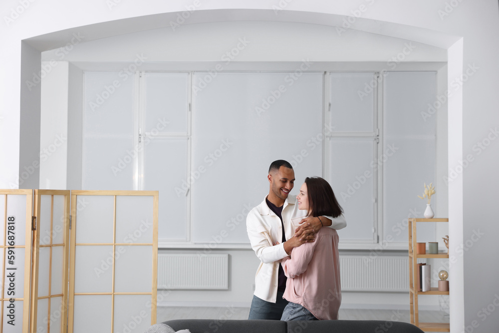 Dating agency. Happy couple enjoying time together at home, space for text Dating agency. Happy couple enjoying time together at home, space for text
