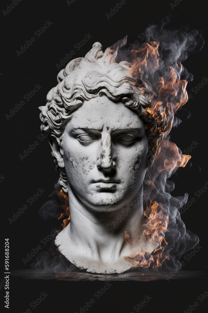 Portrait of an ancient marble statue with a flame in the background Generative AI