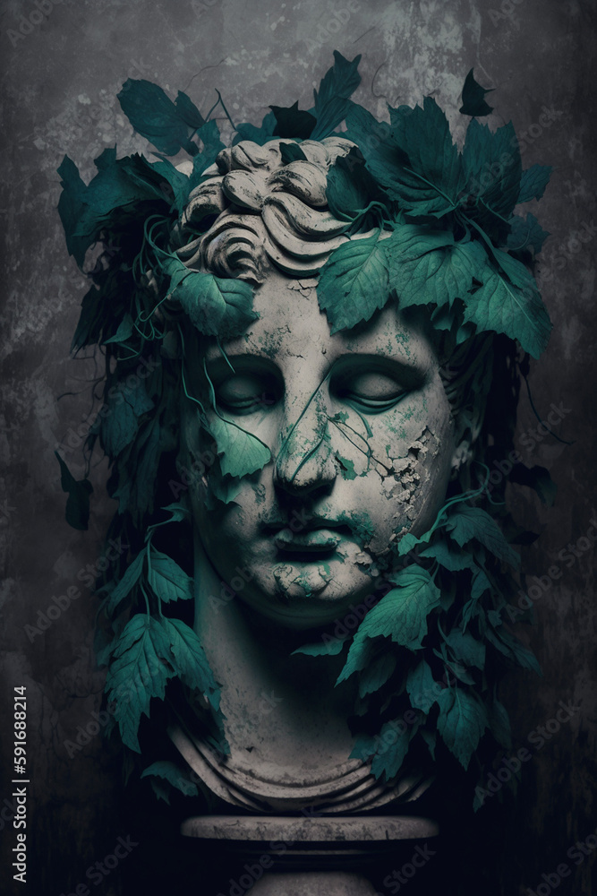 Vintage gothic statue with green leaves on grunge background Generative AI