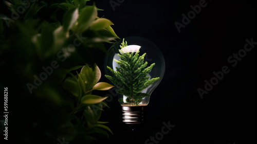 light bulb with green leaves, sustainable energy concept. Created using generative AI.
