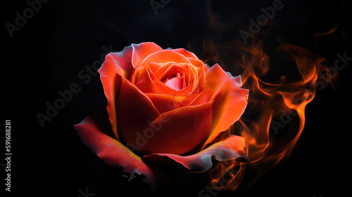  photo of a burning rose in motion, surrounded by smoke and flames, ai