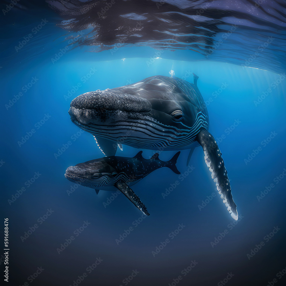 Baby humpback whale and his mum return to surface, ai Stock ...