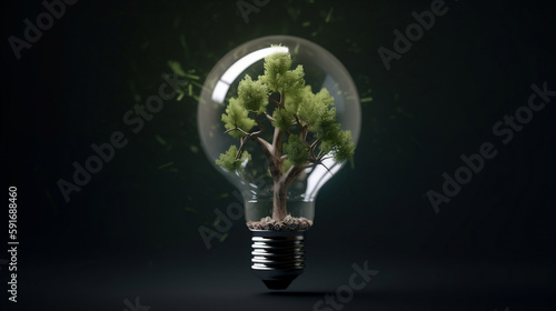 light bulb with green leaves, sustainable energy concept. Created using generative AI.