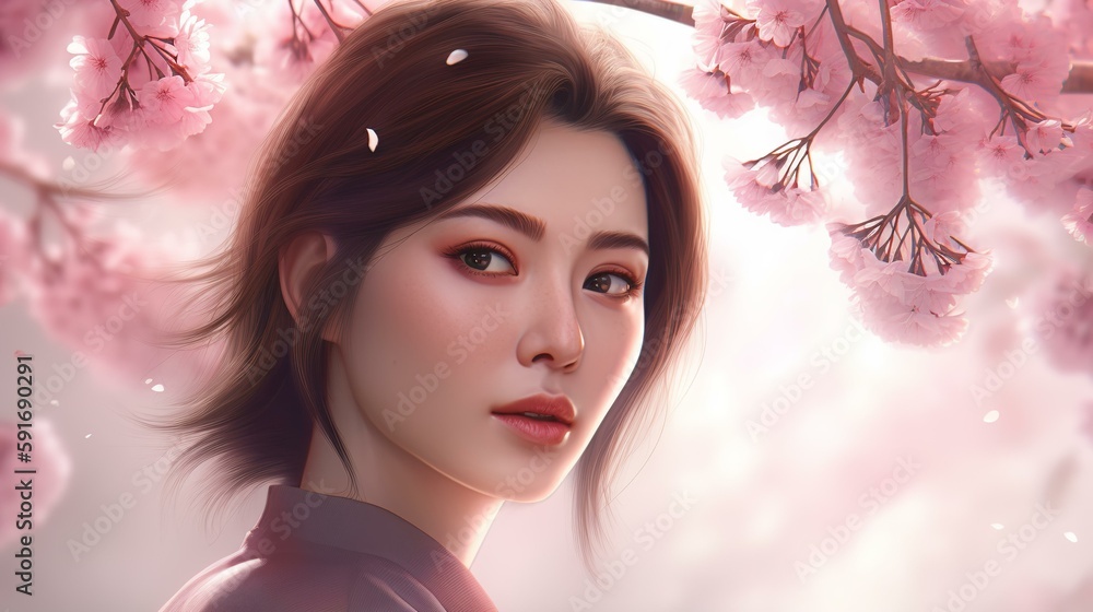 桜の中にいる美人のアジア人女性（Generative AI）
