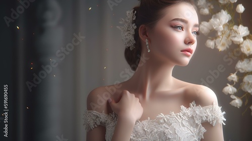 白人の花嫁・新婦・ブライダル・結婚式・ウェディングドレスを着た若い女性（Generative AI） 