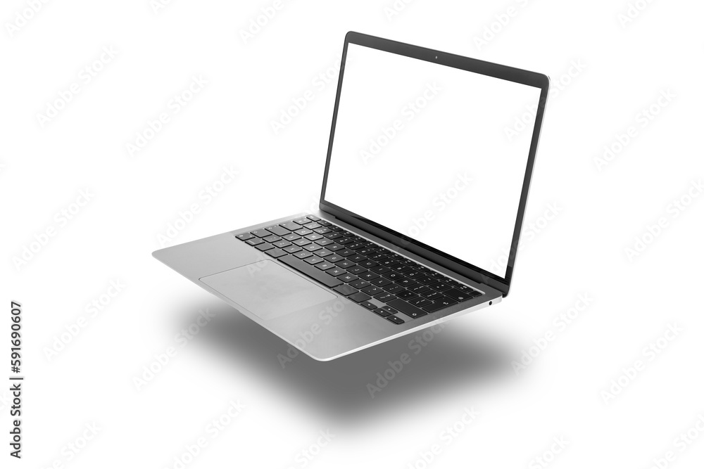 One modern laptop flying on white background One modern laptop flying on white background