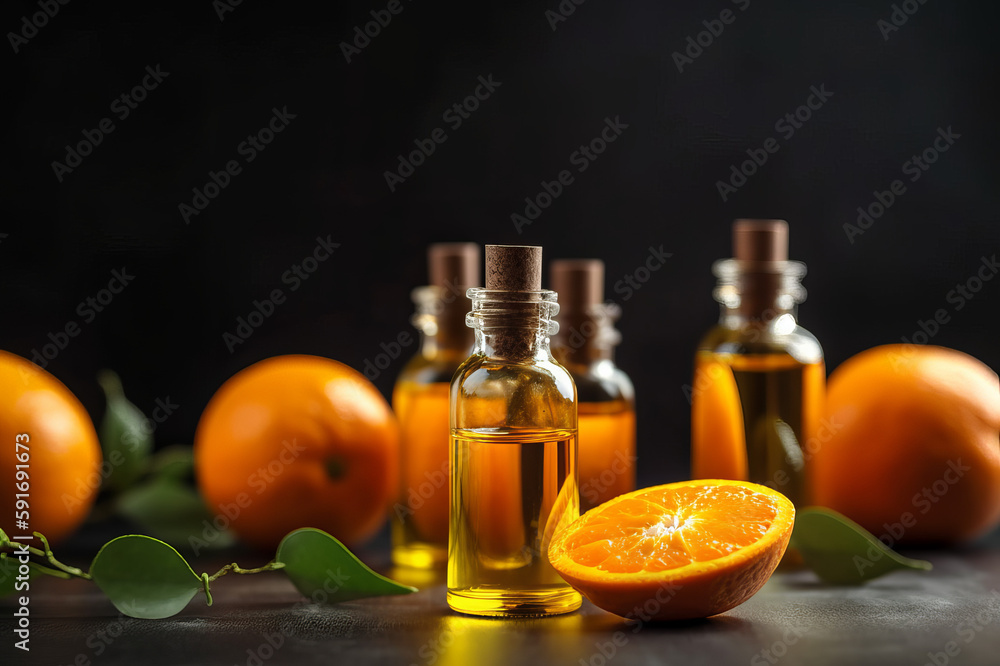 Orange essential oil and fresh oranges on the wooden table. Created with generative AI tools Orange essential oil and fresh oranges on the wooden table. Created with generative AI tools