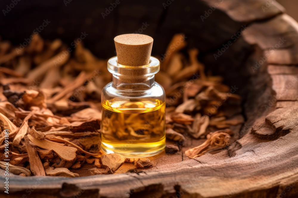 Small bottle of essential pine oil. Created with generative AI tools Small bottle of essential pine oil. Created with generative AI tools