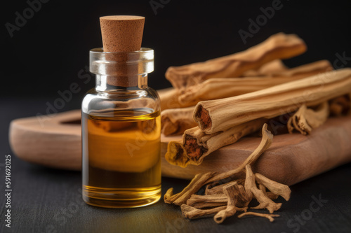 A bottle of sandalwood essential oil with sandalwood. Created with generative AI tools. photo