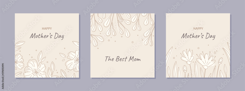 Mothers day cards set. Collection of beige greeting postcards with minimalist white flowers. International holiday and festival. Cartoon flat vector illustrations isolated on grey background