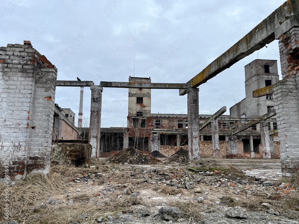 Vinnytsia Ukraine Chemist plant ruins and ruins of plant over time it looks more and more like shell hit and destroyed everything around there are no people no life only grass sprouts on bricks Vinnytsia Ukraine Chemist plant ruins and ruins of plant over time it looks more and more like shell hit and destroyed everything around there are no people no life only grass sprouts on bricks