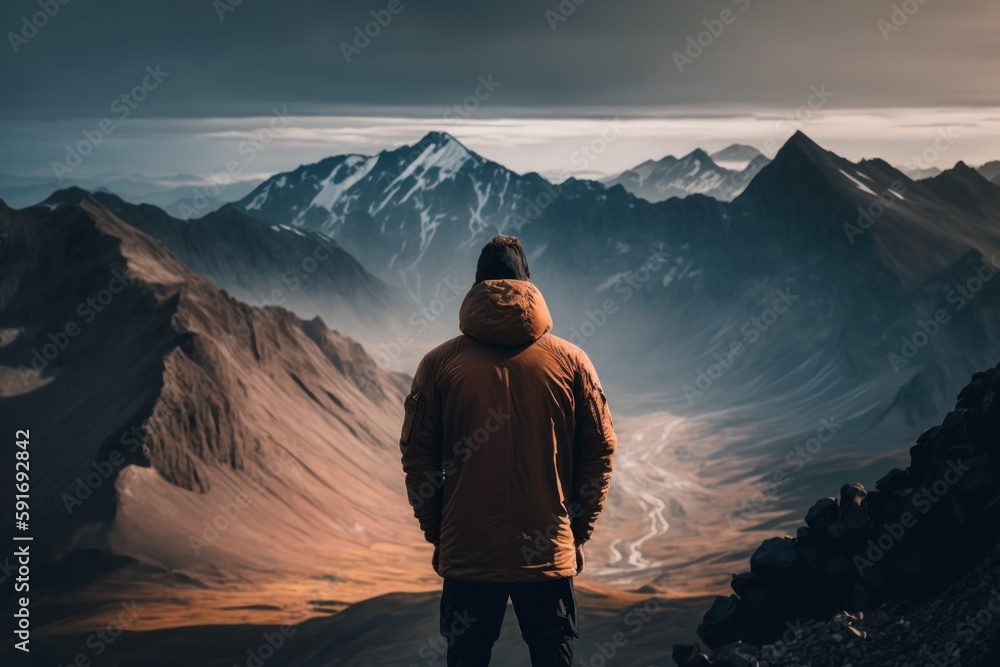 Person looking from the top of a mountain. AI generated, human enhanced.