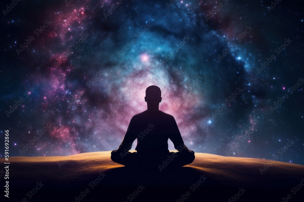 Silhouette of men in Lotus position on the abstract positive energy background . AI generated, human enhanced.