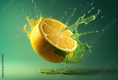 lemonade Splashing on Green lemon fruit isolated on Green background. Generative AI