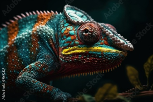 Green colored chameleon close up. AI generated, human enhanced