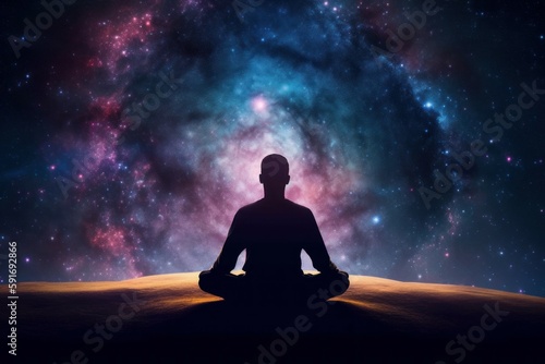 Silhouette of men in Lotus position on the abstract positive energy background . AI generated  human enhanced.