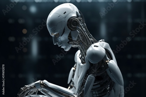The high-tech white robot is contemplating the next step with precision. AI generated  human enhanced