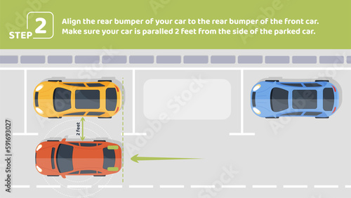 Parallel parking step 2. Align rear bumber of your car to front vehicle. Make sure you at 2 feet from side at transport. Educational infographic with rules of road. Cartoon flat vector illustration
