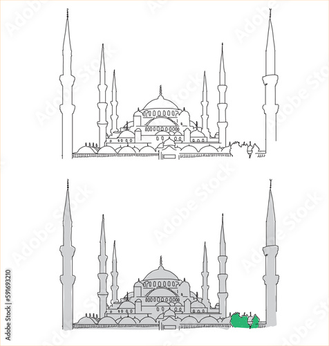 Sultanahmet camii Blue Mosque Hand drawing mosque watercolor vector sketch drawing	