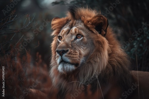 Beautiful lion in nature. The king of beasts concept. AI generated  human enhanced