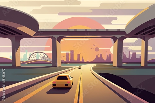 car driving on a highway under a bridge. Generative AI © 2rogan