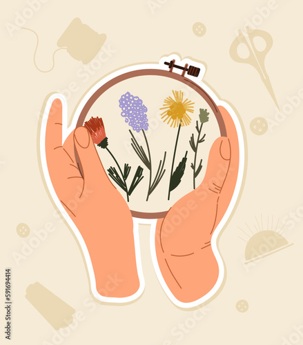Hand with flower embroidery concept. Needlework, handiwork and hand craft. Hobby and leisure. Womens hands hold round piece of fabric with embroidered colorful plants. Cartoon flat vector illustration