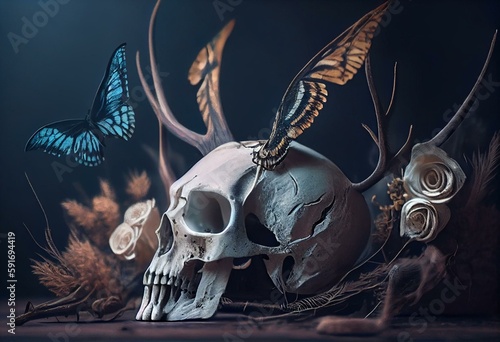 Deer skull. Animal skull with dreamcather and butterfly. Generative AI