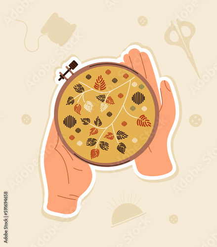 Hand with flower embroidery concept. Character holding round piece of fabric with embroidered leaves and trees, forest. Template, layout and mock up. Cartoon flat vector illustration