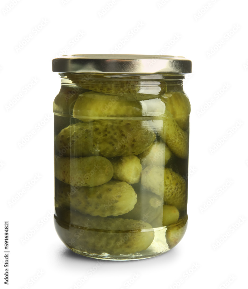 Jar with tasty fermented cucumbers on white background Jar with tasty fermented cucumbers on white background
