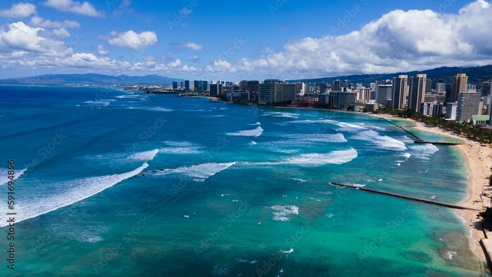 Waikiki Beach with hotels and ocean view in Waikiki, Honolulu, Oahu island, Hawaii