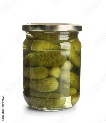 Jar with tasty fermented cucumbers on white background
