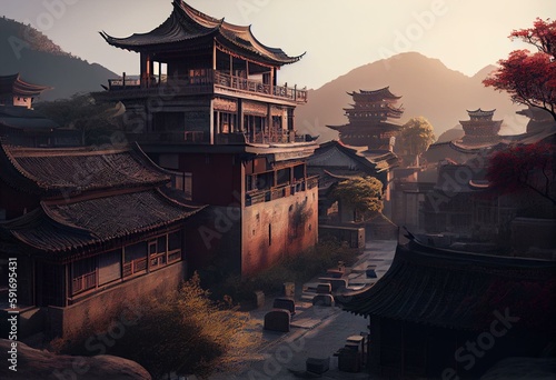 Danyang, China. Fictional Historic 3D Illustration Render Cityscape. Generative AI