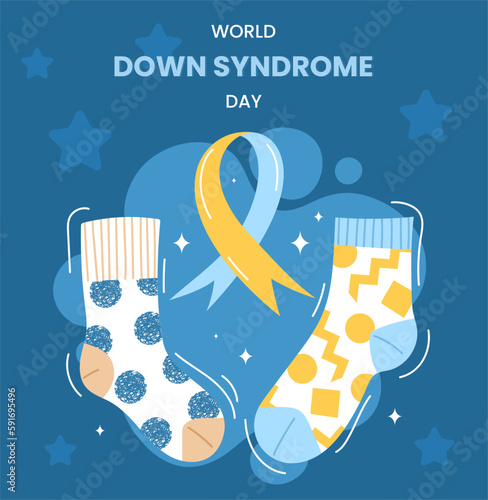 World Down Syndrome Day. Socks with yellow and blue ribbon. Symbol of international holiday and day of awareness of childrens diseases. Template, layout and mock up. Cartoon flat vector illustration