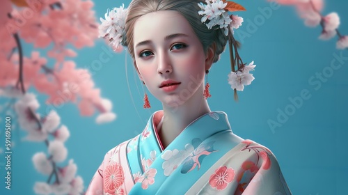 日本の着物を着た笑顔の美人外国人・白人・欧米人女性（Generative AI） 