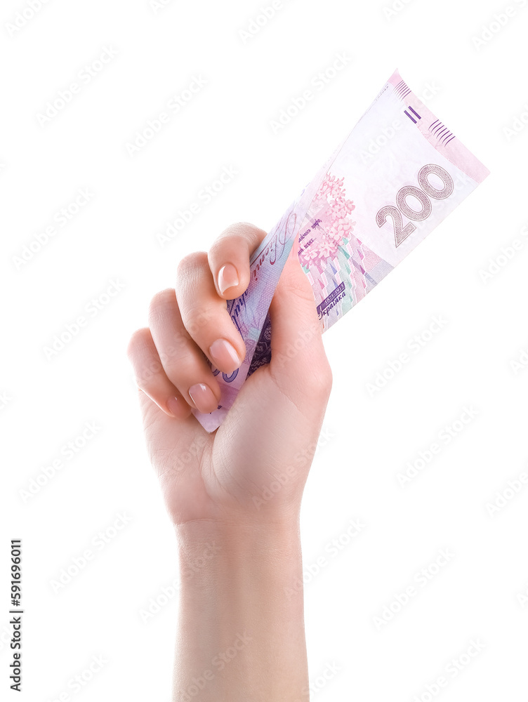 Woman with hryvnia banknote on white background Woman with hryvnia banknote on white background