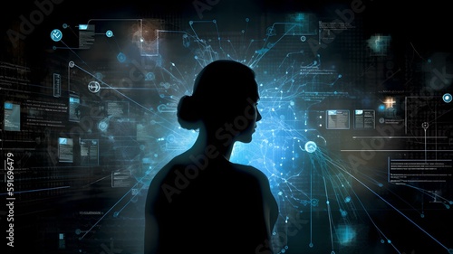 Silhouette of a Modern Woman Surrounded by Innovative Tech and Data  © ZDC