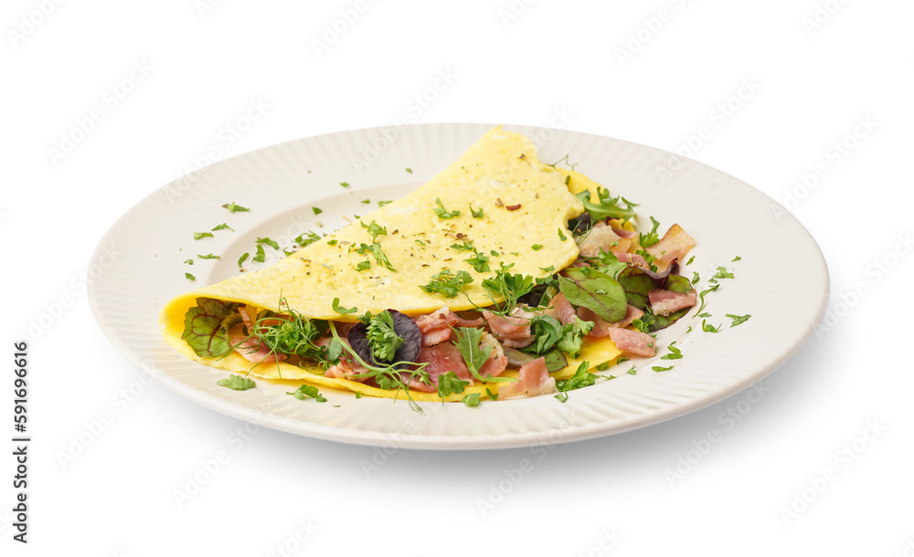 Tasty omelet with ham and greens on white background Tasty omelet with ham and greens on white background
