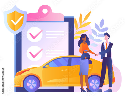 Car insurance concept. Man and woman shake hands against background of contract and document. Buying or renting vehicle. Security and protection. Cartoon flat vector illustration