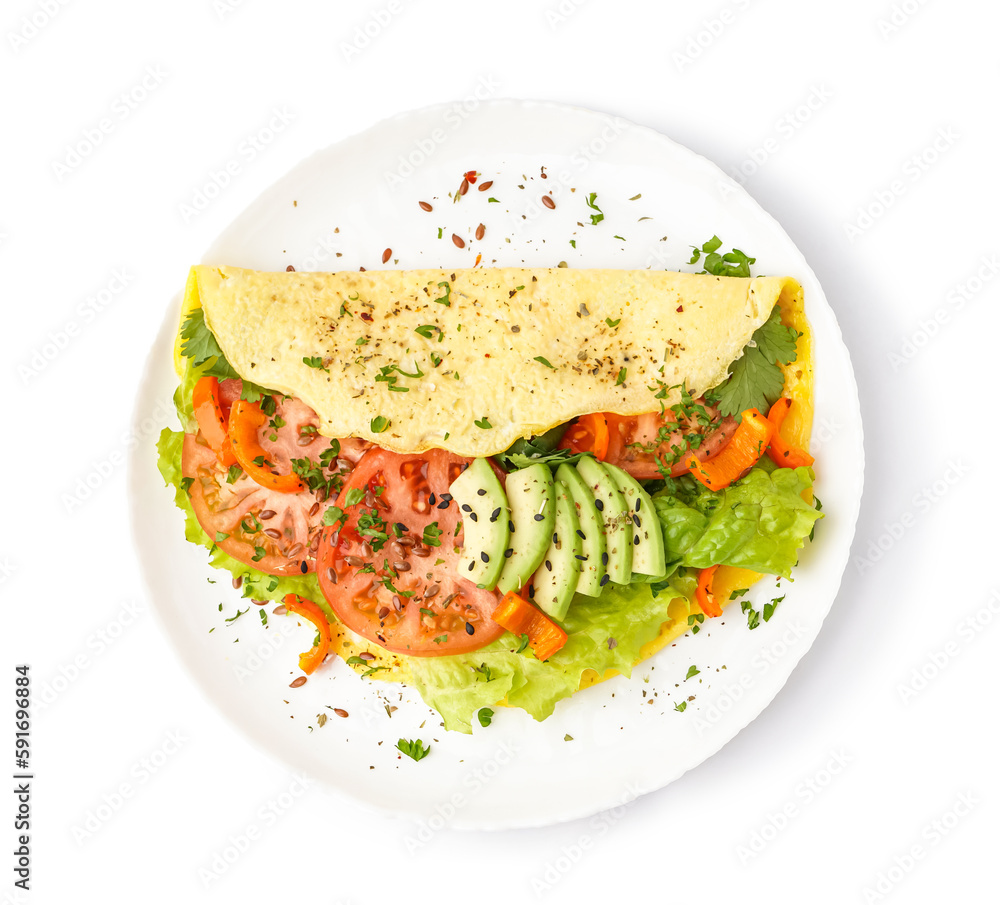 Tasty omelet with vegetables on white background