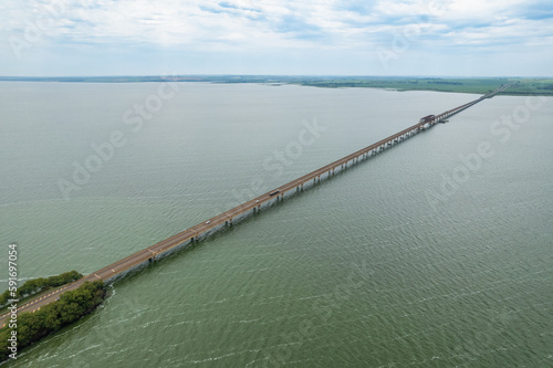 Aerial capture of the Tietê River. Intermodal waterway port. photo