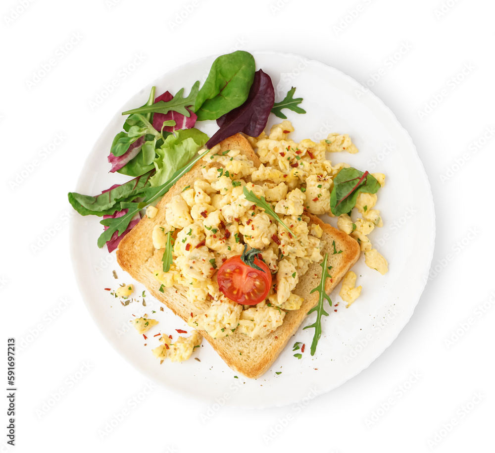 Plate with tasty scrambled eggs sandwich and salad on white background Plate with tasty scrambled eggs sandwich and salad on white background