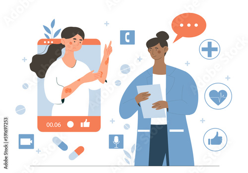 Dermatologist with patient. Young girl consults woman with acne and allergies on video call. Health care and regular visits to specialist. Remote specialist. Cartoon flat vector illustration