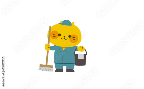 モップとバケツを持った清掃員のネコのイラスト