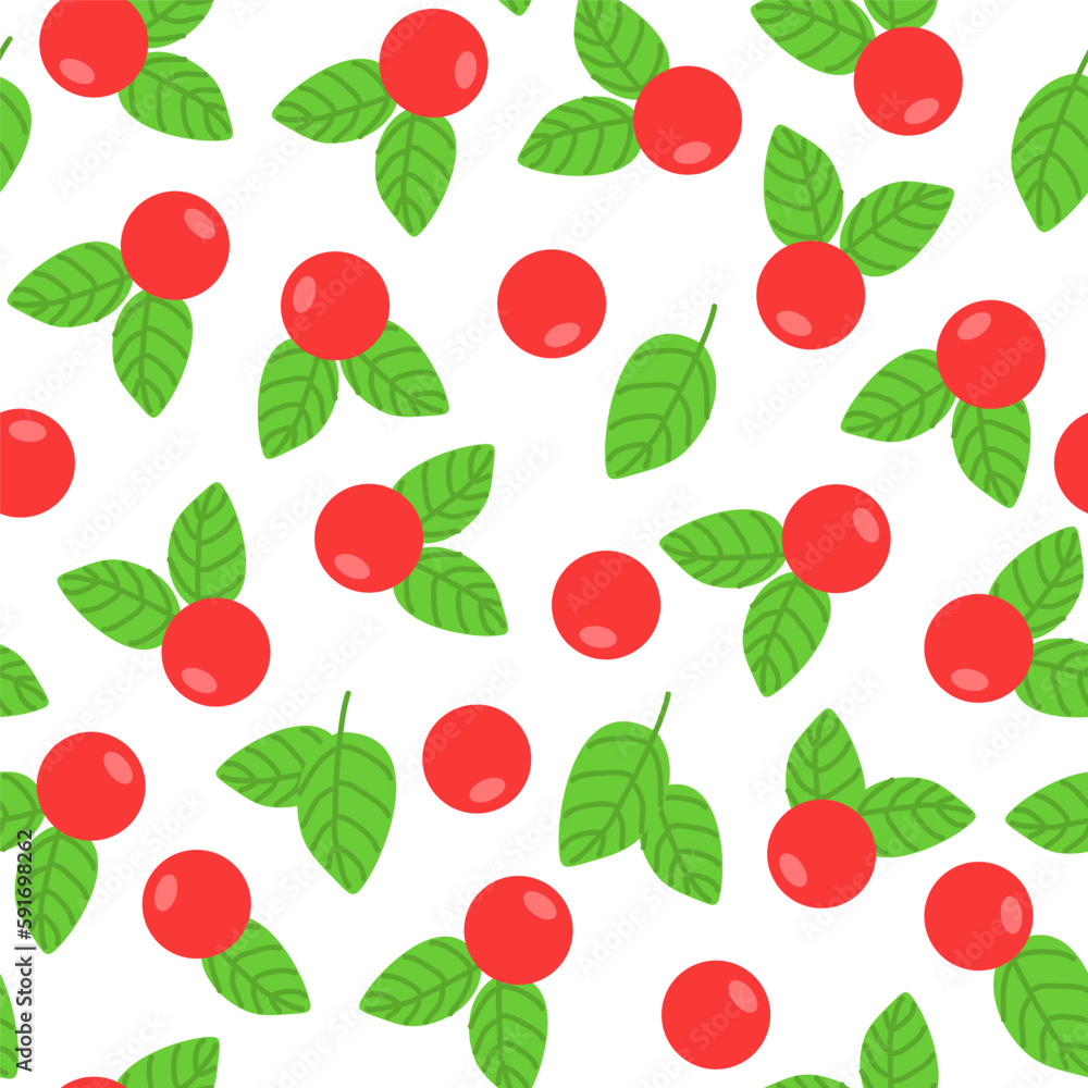Seamless pattern. Illustration with a white background and red berries with green leaves Seamless pattern. Illustration with a white background and red berries with green leaves