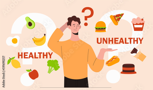 Healthy and unhealthy food. Man compares diets and chooses lifestyle. Burger, pizza and hot dog vs banana, lemon, apple, avocado, broccoli and scrambled eggs. Cartoon flat vector illustration
