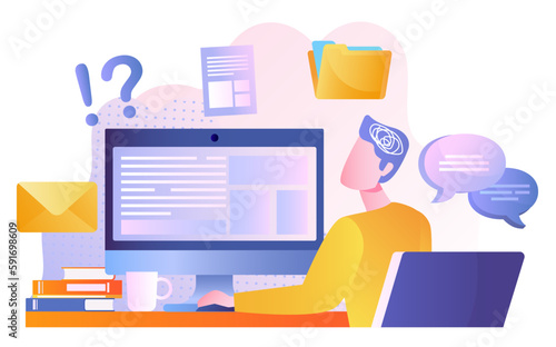 Information overload concept. Man sits at computer in workplace. Tired and overworked employee. Depression and frustration, inefficient workflow and time management. Cartoon flat vector illustration
