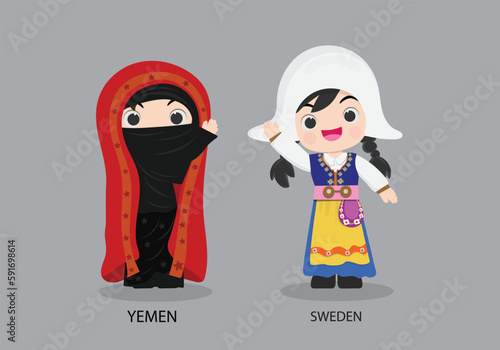 Albania peopel in national dress. Set of Sweden woman dressed in national clothes. Vector flat illustration.
