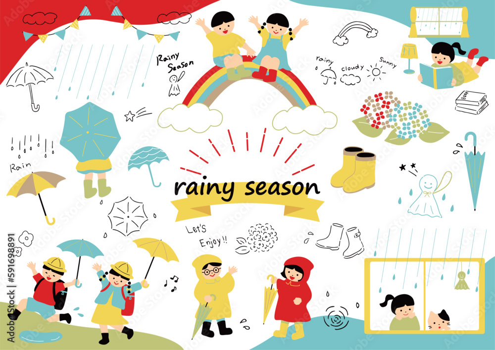 Fototapeta premium 梅雨を楽しむ子どもたち