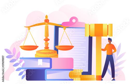 Concept of justice. Man with judges gavel against background of documents and scales. Law and jurisprudence, democracy. Authority government justice. Cartoon flat vector illustration