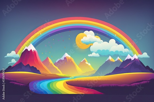 vibrant rainbow over majestic mountains. Generative AI